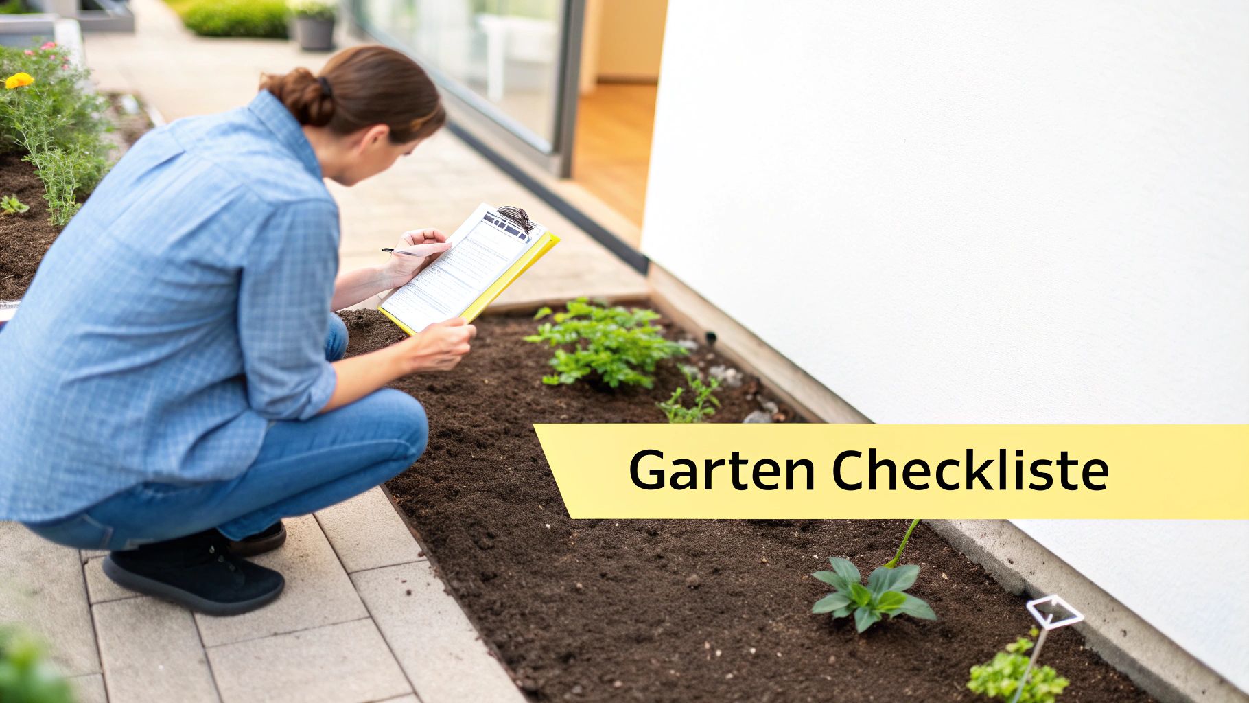 Frau hockt im Garten, pflegt junge Pflanzen und füllt eine Garten Checkliste aus.