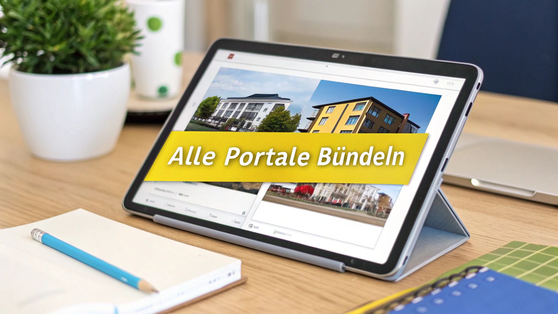 Tablet auf einem Schreibtisch zeigt verschiedene Wohnungsanzeigen und den Text 'Alle Portale Bündeln'.
