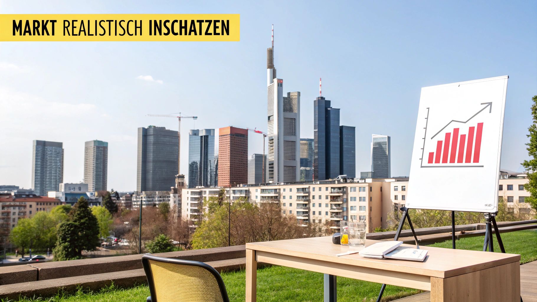 Büroarbeitsplatz im Freien mit Blick auf die Frankfurter Skyline und Wachstumsgrafik auf einem Whiteboard.