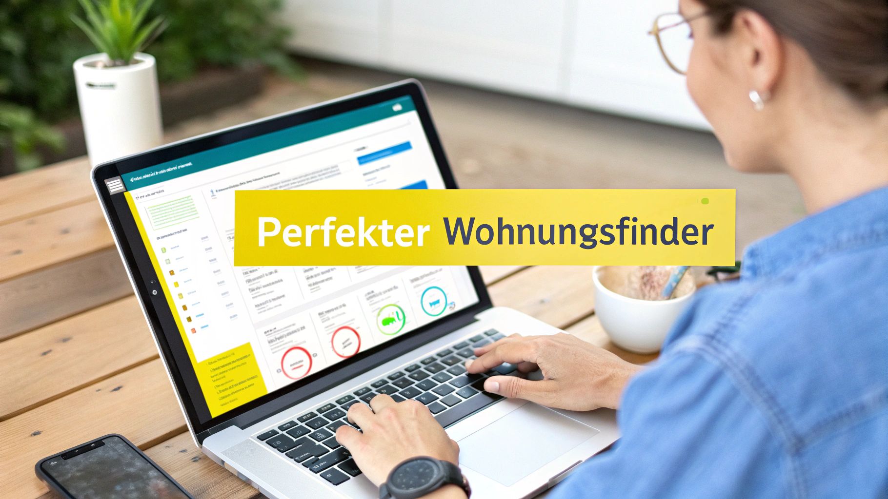 Eine Person vergleicht verschiedene Wohnungsfinder-Optionen auf einem Laptop-Bildschirm.