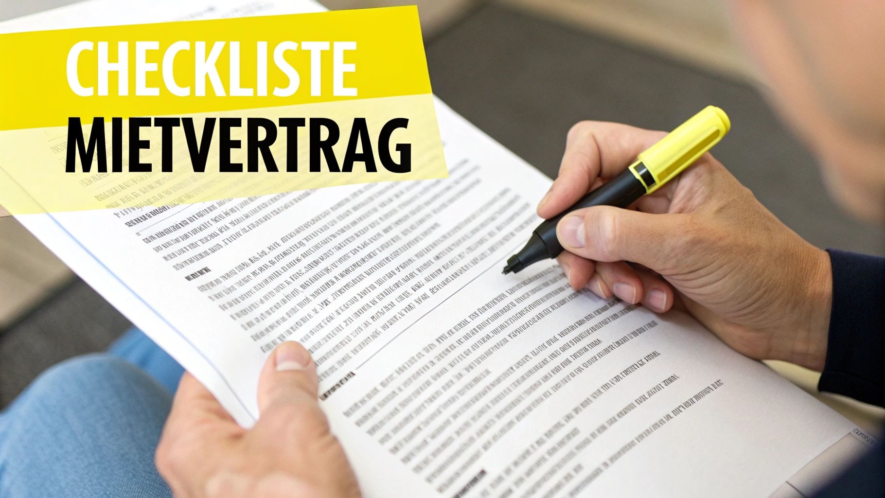 Eine Person prüft sorgfältig einen Mietvertrag mit einem Stift in der Hand.