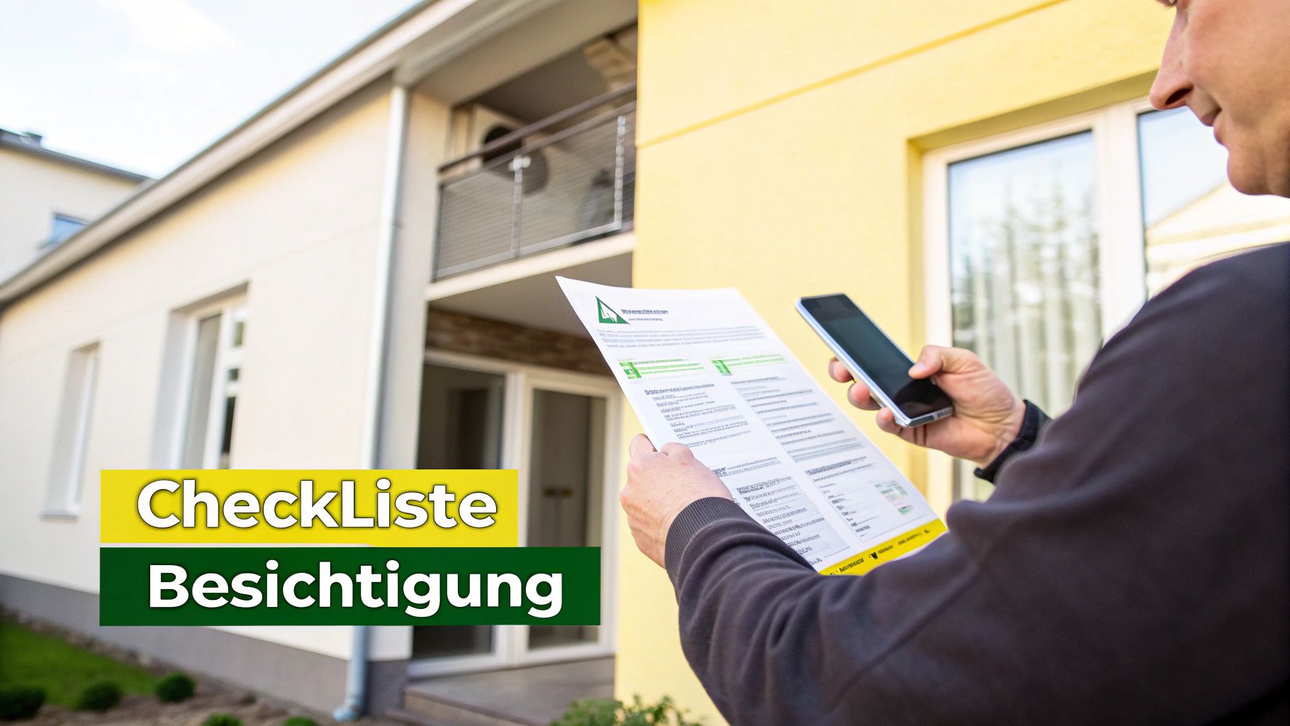 Eine Person prüft eine Besichtigungs-Checkliste und Smartphone vor modernen Häusern für Immobilienbesichtigungen.