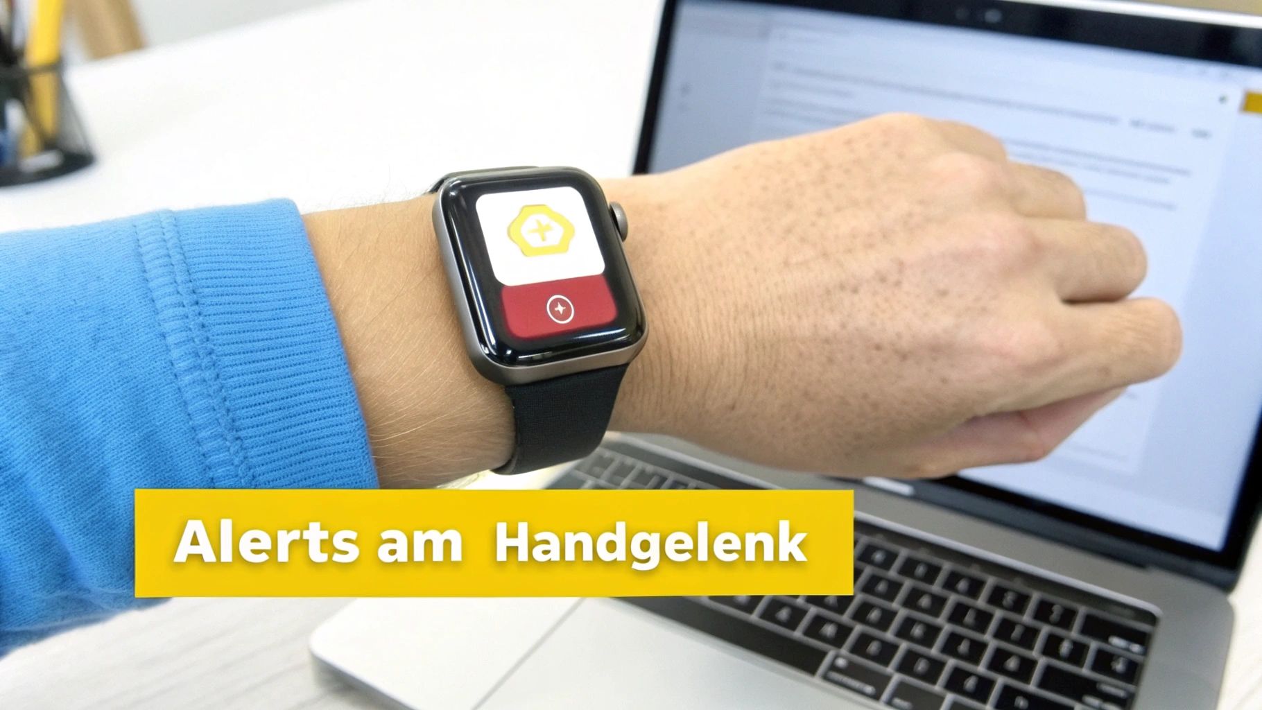 Nahaufnahme einer Person mit einer Apple Watch am Handgelenk, die eine Benachrichtigung über einem Laptop anzeigt.