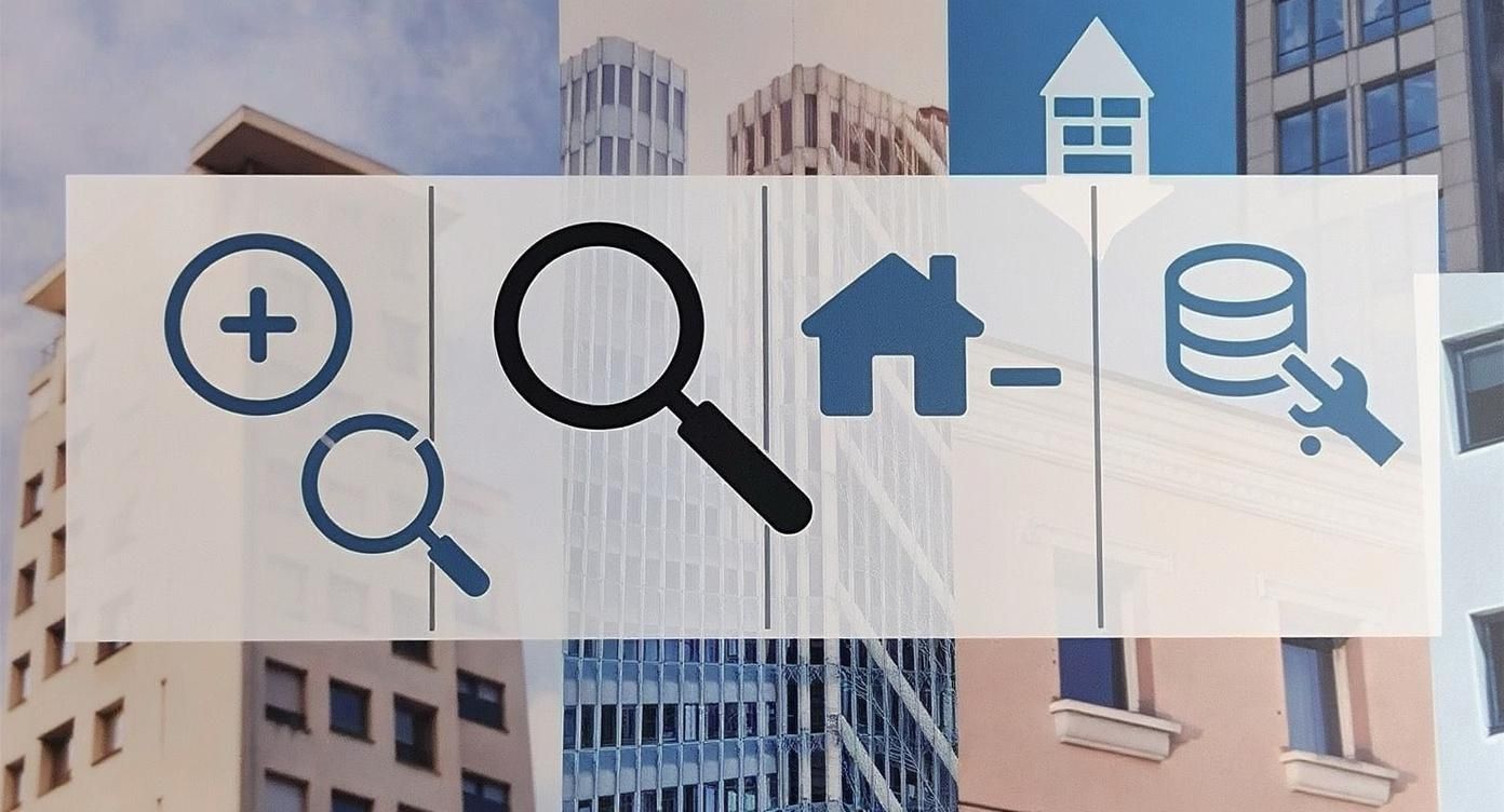 Symbole für Immobiliensuche und -verwaltung, darunter Zoom, Lupe, Haus und Datenbank, vor einem Hintergrund von Gebäuden.