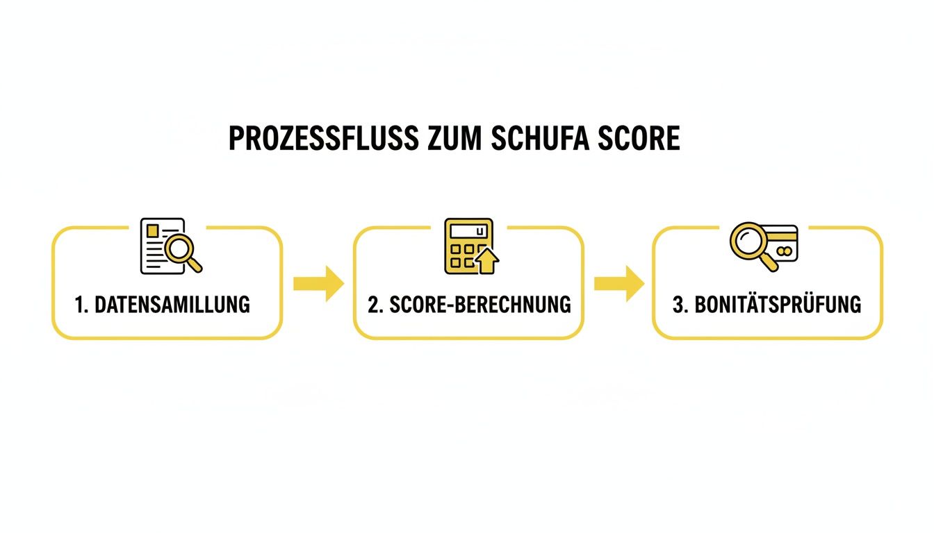 Prozessfluss zur Schufa Score Berechnung: Datensammlung, Score-Berechnung und Bonitätsprüfung werden dargestellt.