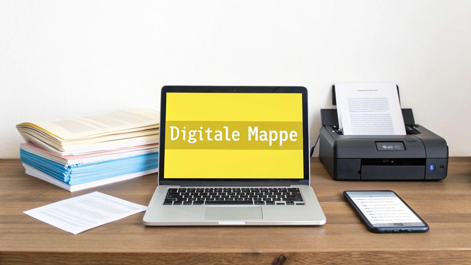 Laptop mit Text 'Digitale Mappe', Drucker, Smartphone und Dokumentenstapel auf Schreibtisch für digitale Wohnungssuche