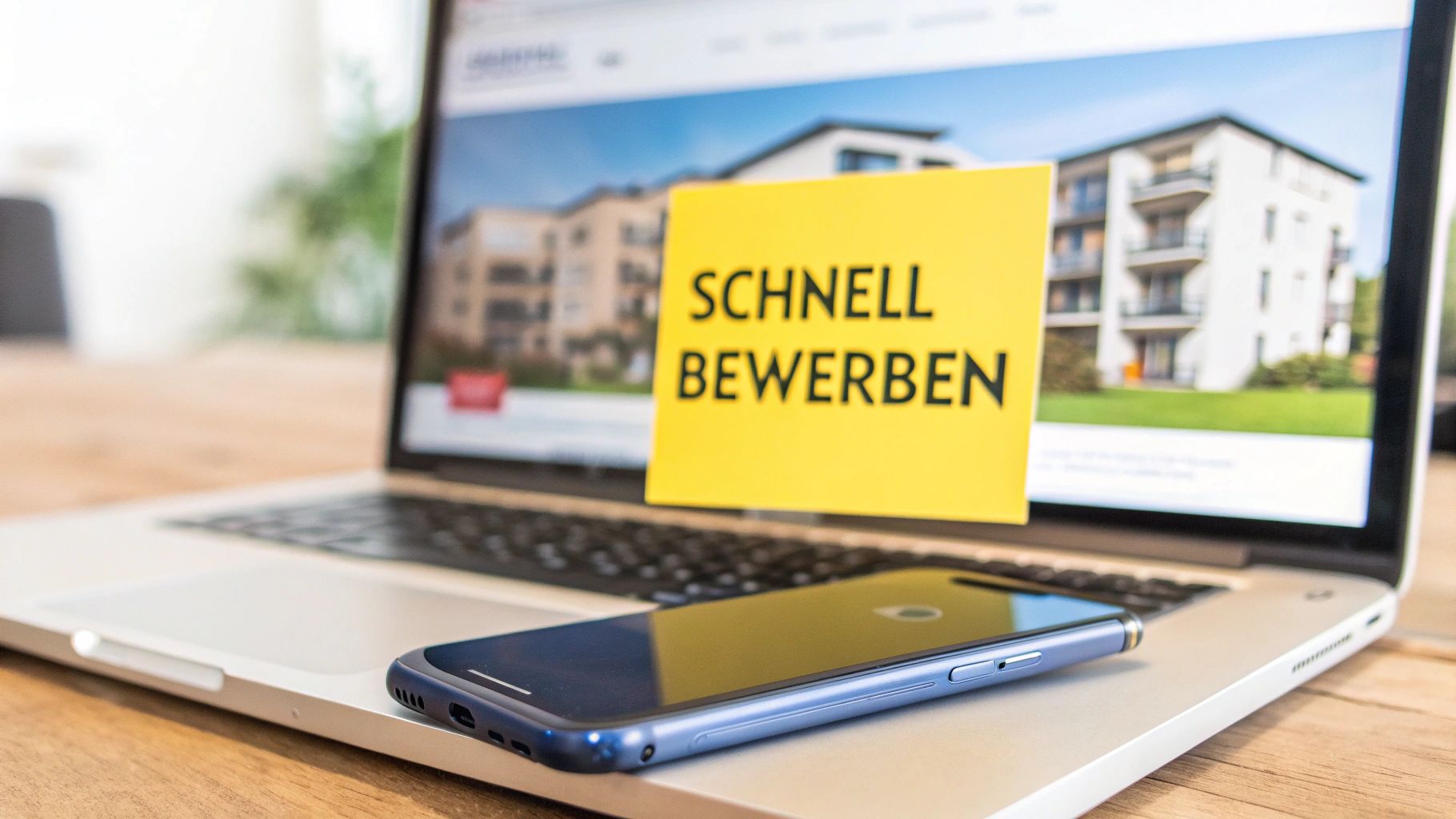 Laptop zeigt Immobilienwebseite mit Wohnungen, darauf ein gelber Zettel 'SCHNELL BEWERBEN' und ein Smartphone.