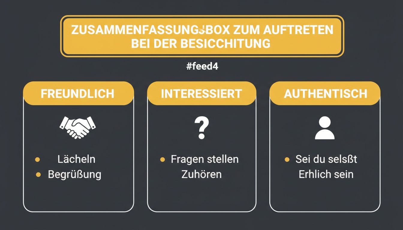 Infografik mit Tipps zum Verhalten während einer Wohnungsbesichtigung: freundlich, interessiert, authentisch.