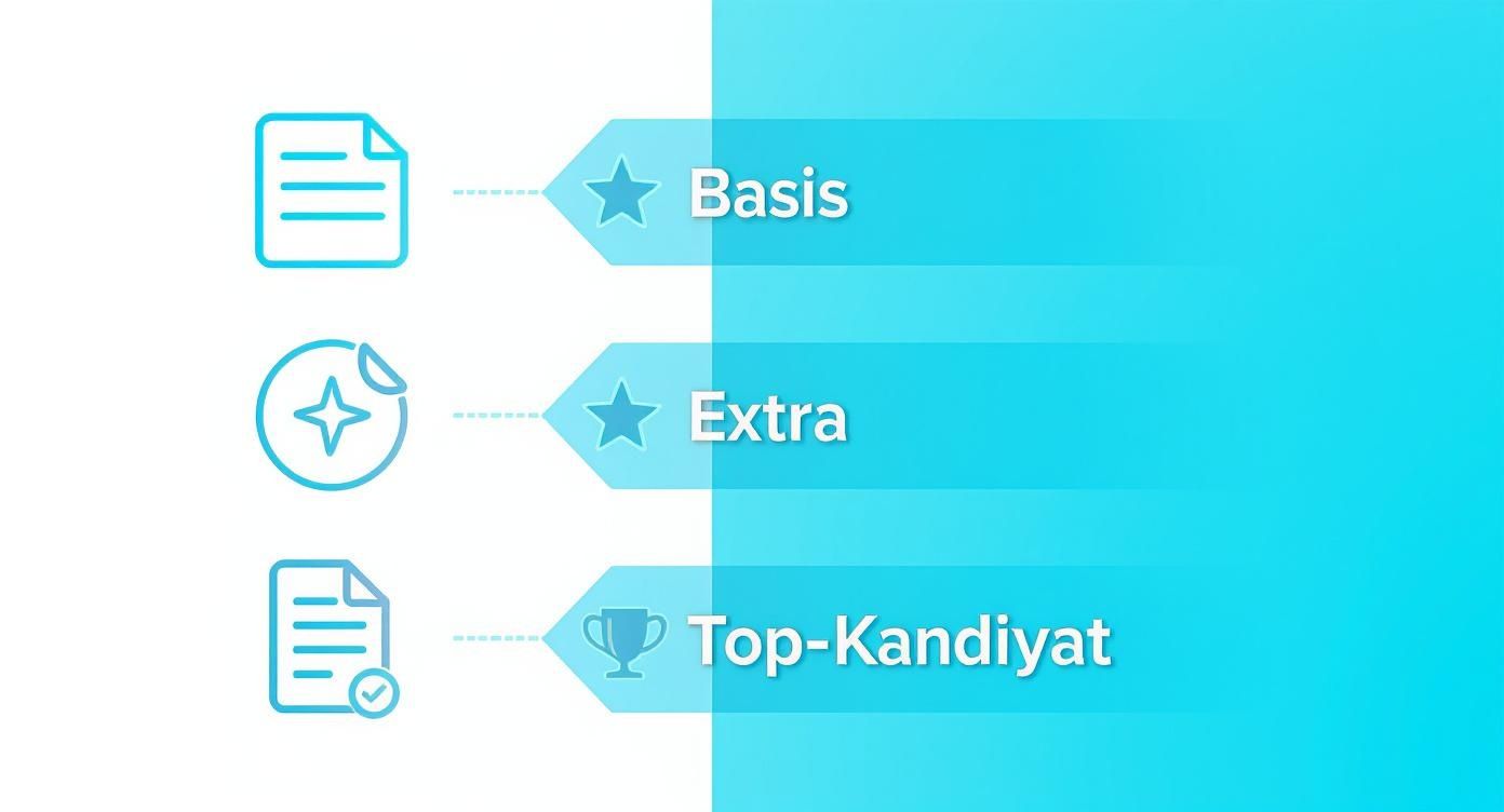 Infografik zeigt den Prozess vom Basis-Bewerber zum Top-Kandidaten in drei Schritten: Basis-Dokumente, extra Unterlagen und perfekte Präsentation.