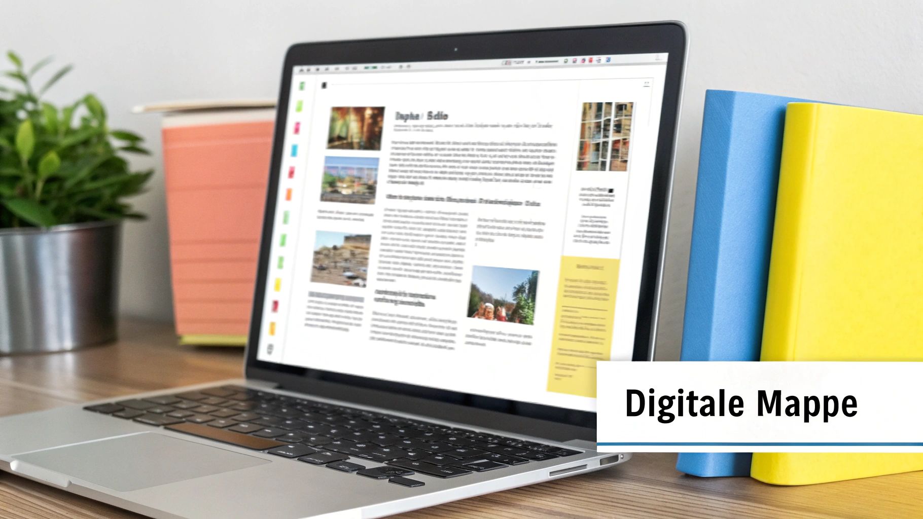 Eine Person stellt eine digitale Bewerbungsmappe auf einem Laptop zusammen, wobei einzelne Dokumente wie Einkommensnachweise und Ausweis sichtbar sind.