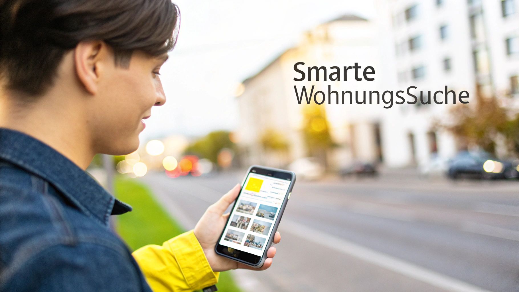 Frau nutzt Smartphone-App zur Wohnungssuche auf der Straße vor Wohngebäuden