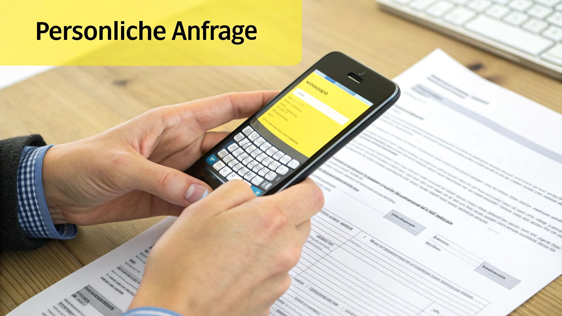 Eine Person tippt auf einem Smartphone für eine persönliche Anfrage, mit Dokumenten auf einem Holzschreibtisch.