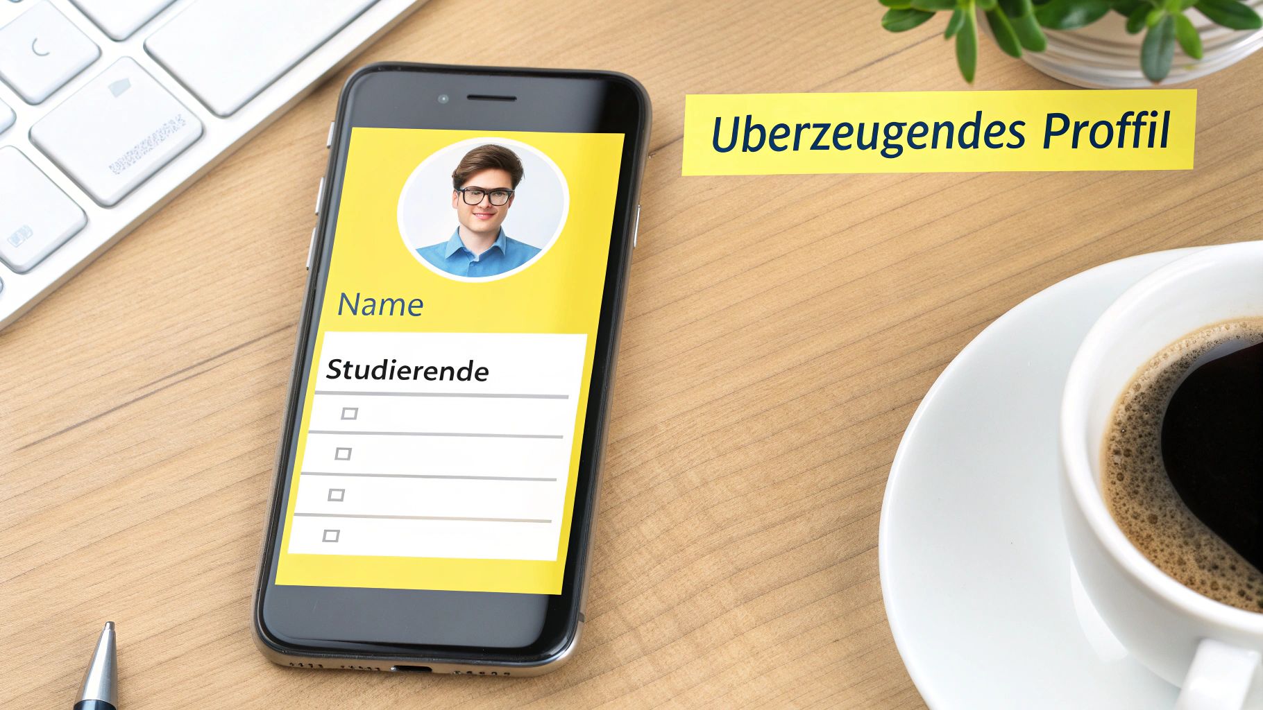 Smartphone mit Profilbild eines Mannes und Text "Name", "Studierende". Daneben ein Zettel mit "Überzeugendes Profil" auf einem Schreibtisch.