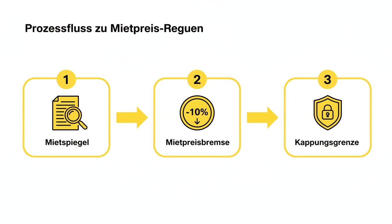Visualisierung des Prozessflusses für Mietpreisregulierung: Mietspiegel, Mietpreisbremse (-10%) und Kappungsgrenze.