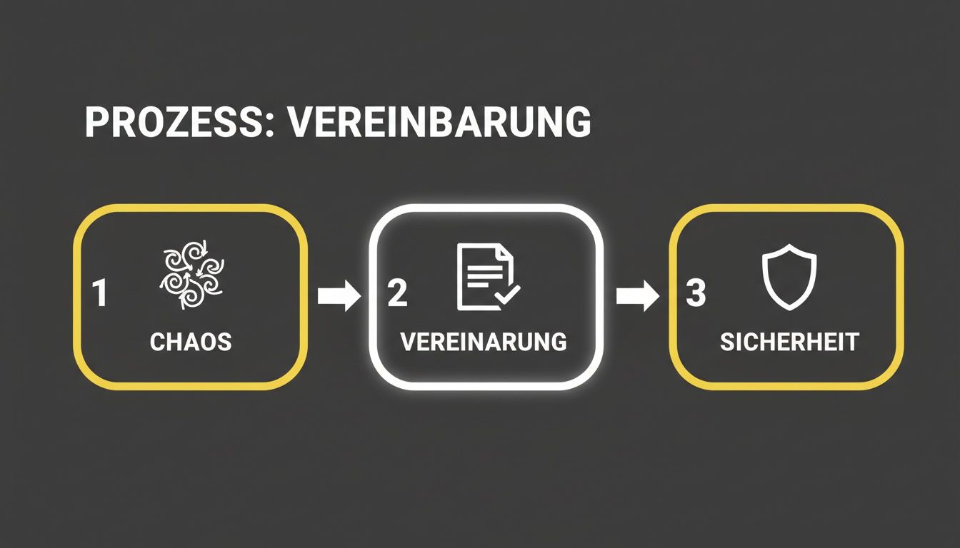 Flussdiagramm zeigt den Prozess von Chaos über Vereinbarung zu Sicherheit in drei Schritten.