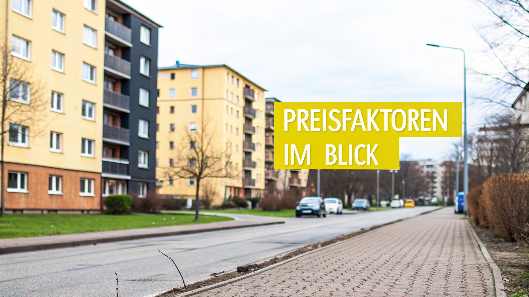 Gelbe und graue Wohngebäude entlang einer Straße mit dem Schriftzug "PREISFAKTOREN IM BLICK".