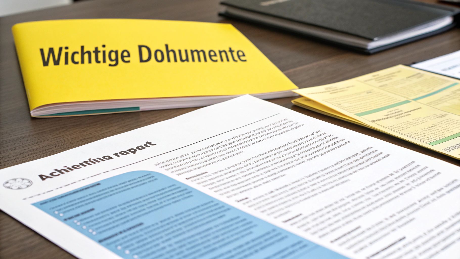 Eine Person hält eine ordentlich sortierte Bewerbungsmappe bereit für eine Wohnungsbesichtigung.