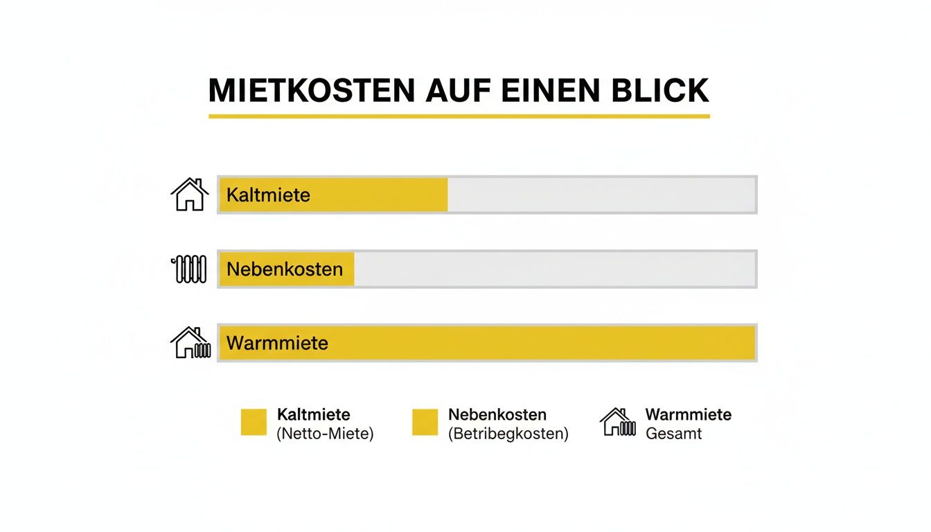 Infografik erklärt die Zusammensetzung der Mietkosten in Deutschland, aufgeteilt in Kaltmiete, Nebenkosten und Warmmiete.