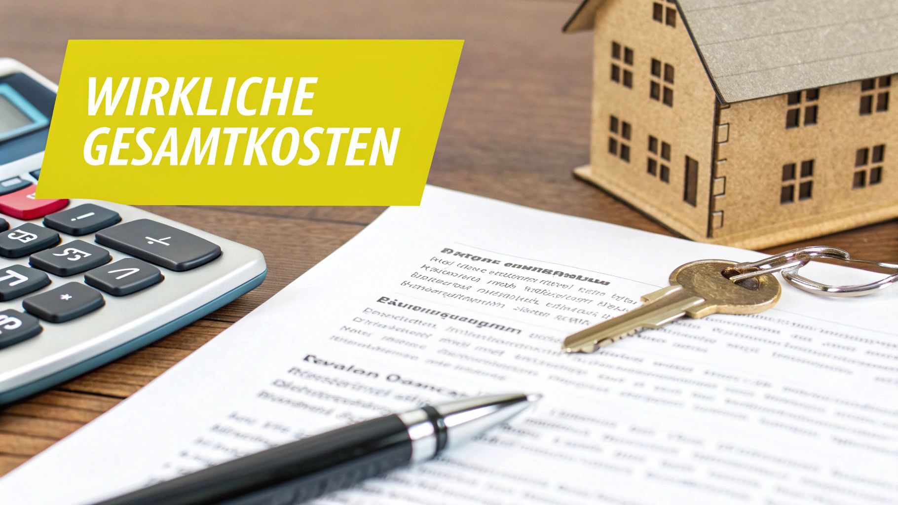 Taschenrechner, Hausmodell, Schlüssel und Dokumente mit der Aufschrift 'WIRKLICHE GESAMTKOSTEN' für Immobilienfinanzierung.