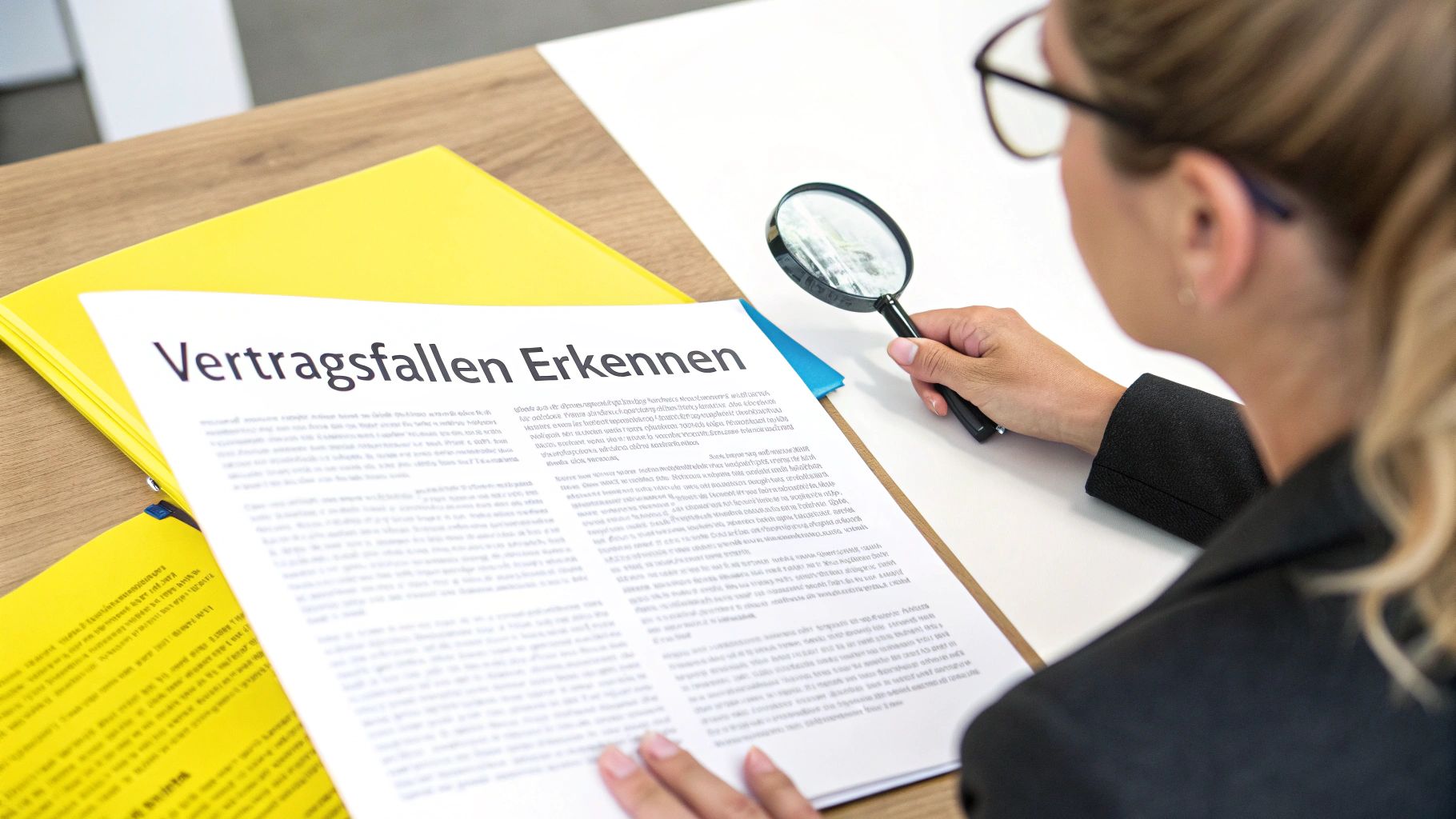 Eine Person markiert eine problematische Klausel in einem Mietvertrag mit einem roten Stift.