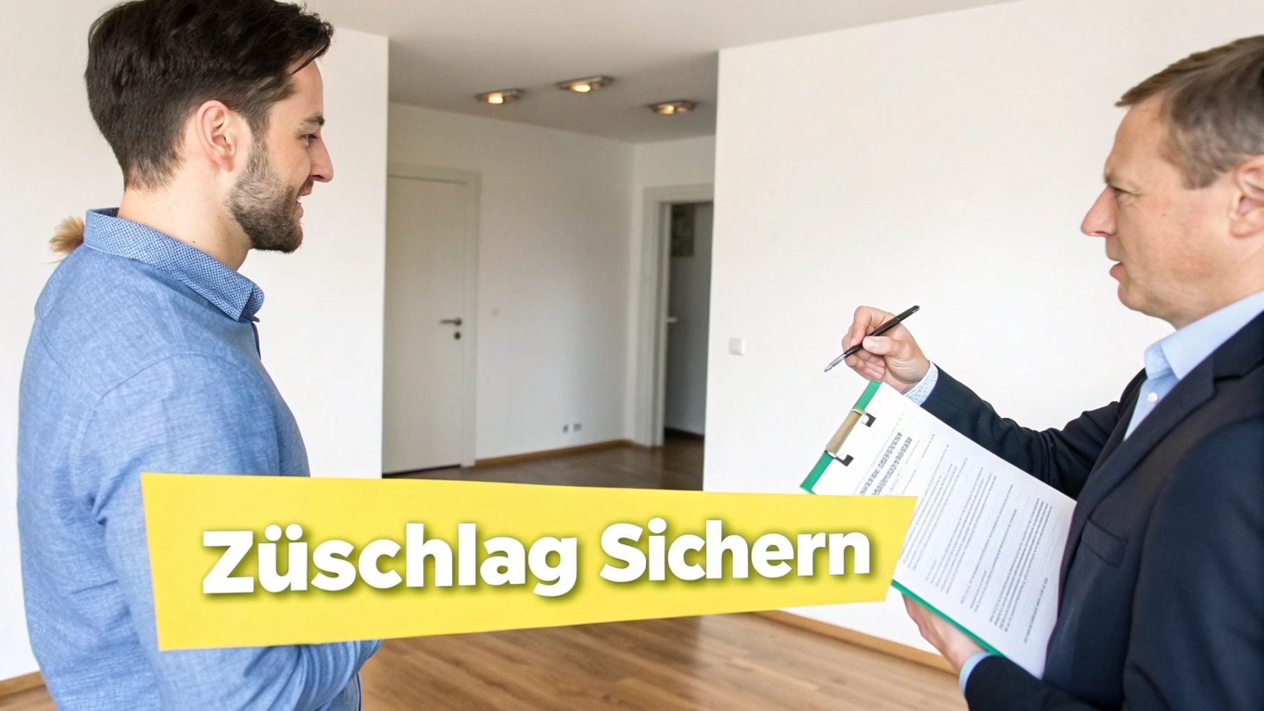 Eine Person schüttelt einem Immobilienmakler bei einer Wohnungsbesichtigung die Hand