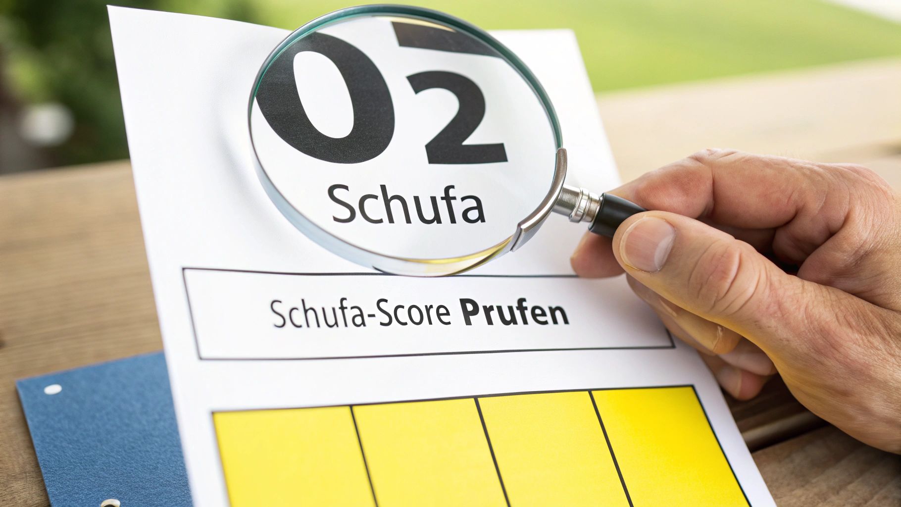 Hand hält Lupe über Dokument mit der Aufschrift 'Schufa-Score Prüfen' und 'Schufa 02'.