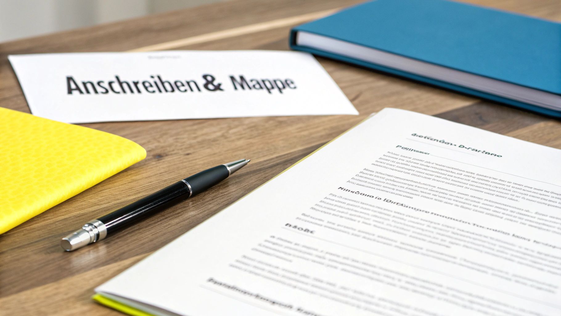 Eine Person schreibt an einem Holztisch ein Bewerbungsschreinben für eine Wohnung, umgeben von Dokumenten und einer Tasse Kaffee.