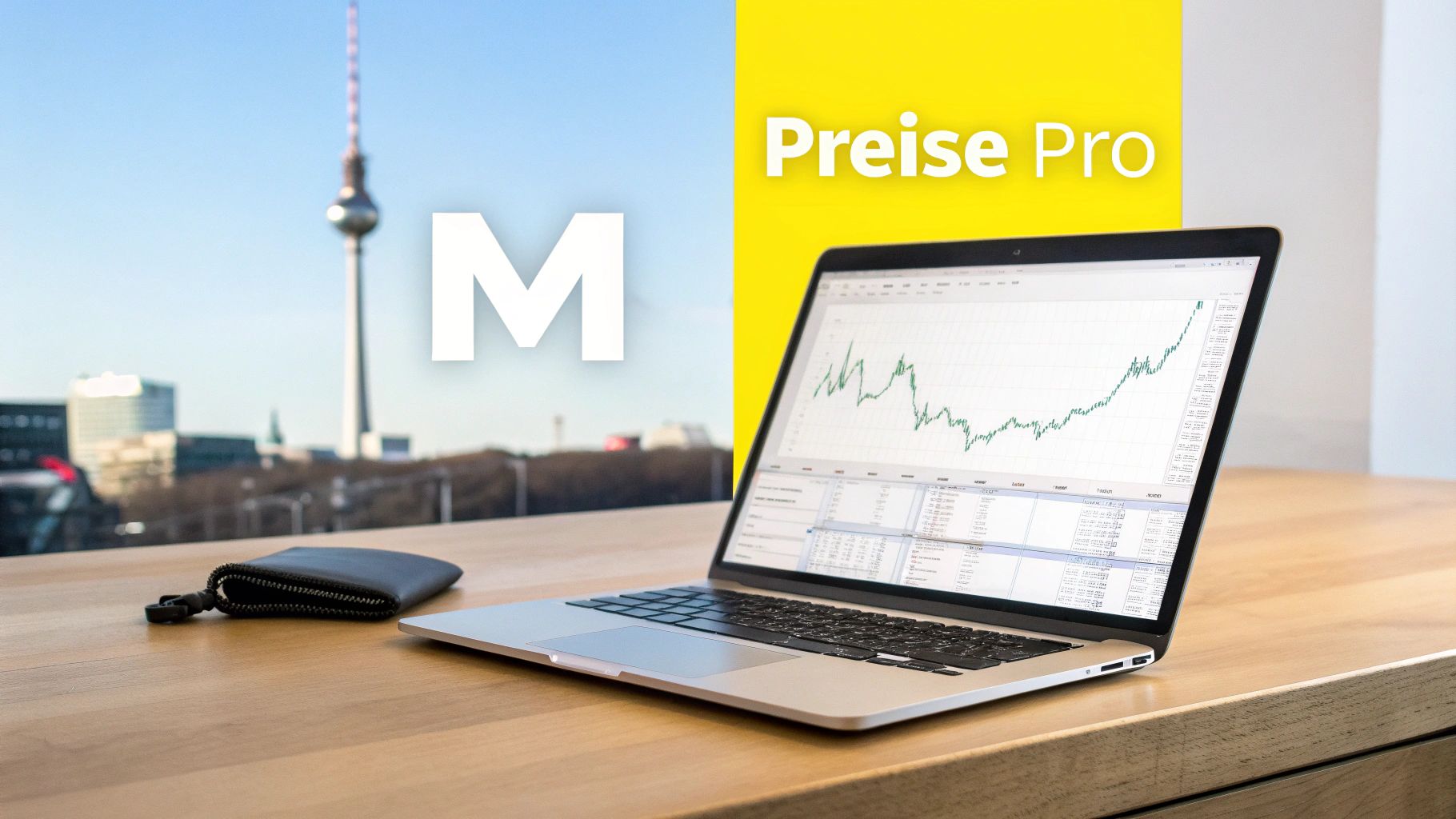 Laptop mit Finanzgrafik und Brieftasche auf Holztisch, dahinter Berliner Skyline mit Fernsehturm und Text 'M Preise Pro'.