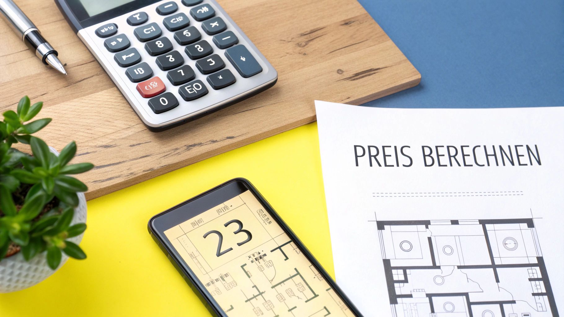 Taschenrechner, Stift und Grundriss auf Schreibtisch zur Berechnung von Immobilienpreisen in Berlin