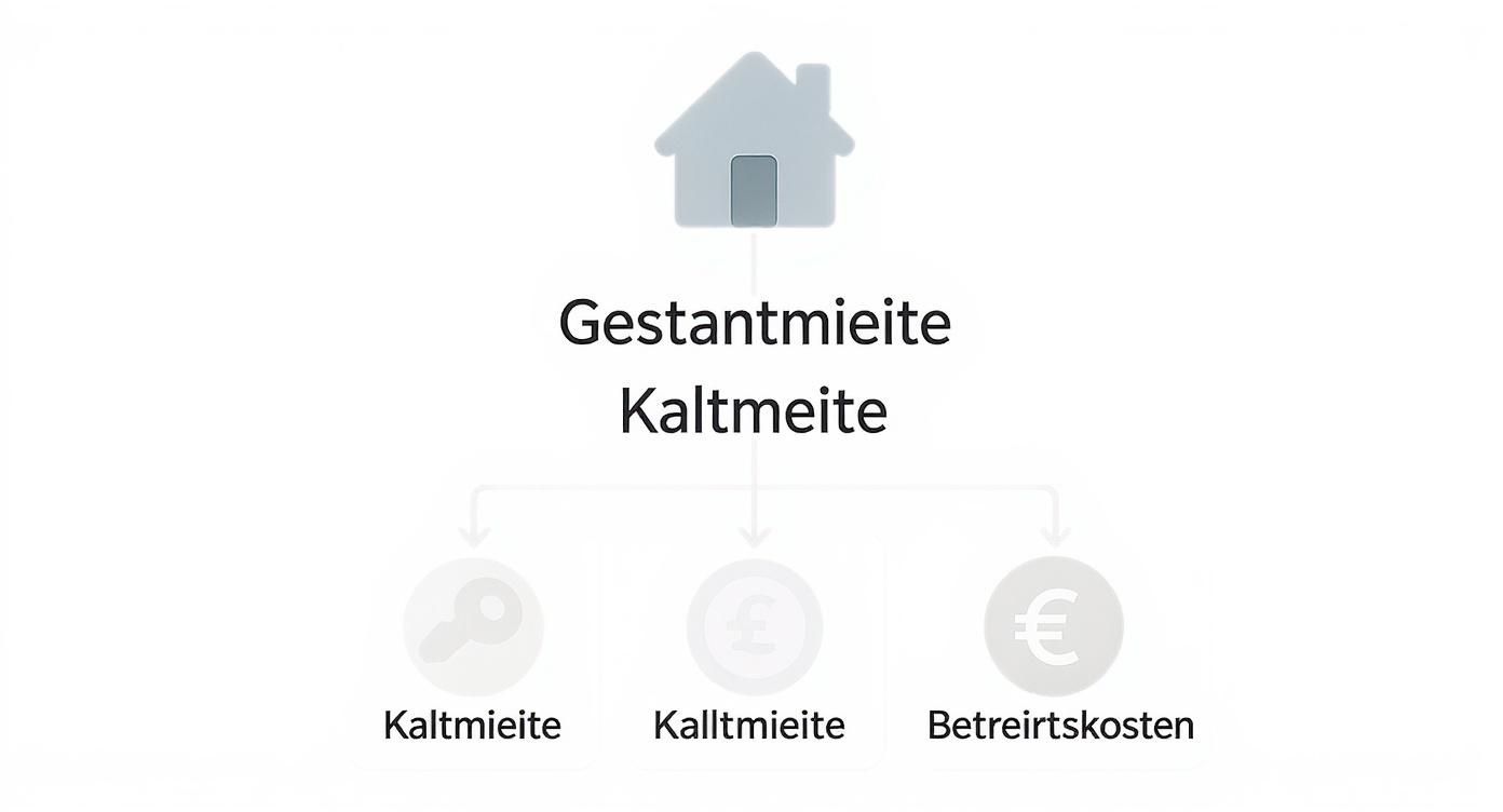 Diagramm zur Aufschlüsselung der Gesamtmiete in Kaltmiete und Betriebskosten mit entsprechenden Symbolen.