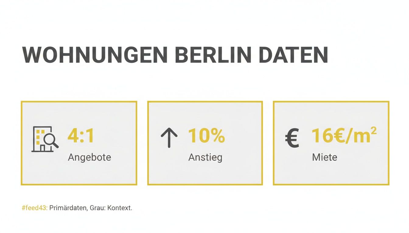 Übersicht der Wohnungsmarktdaten in Berlin: 4:1 Angebote, 10% Preisanstieg und 16€/m² Miete.