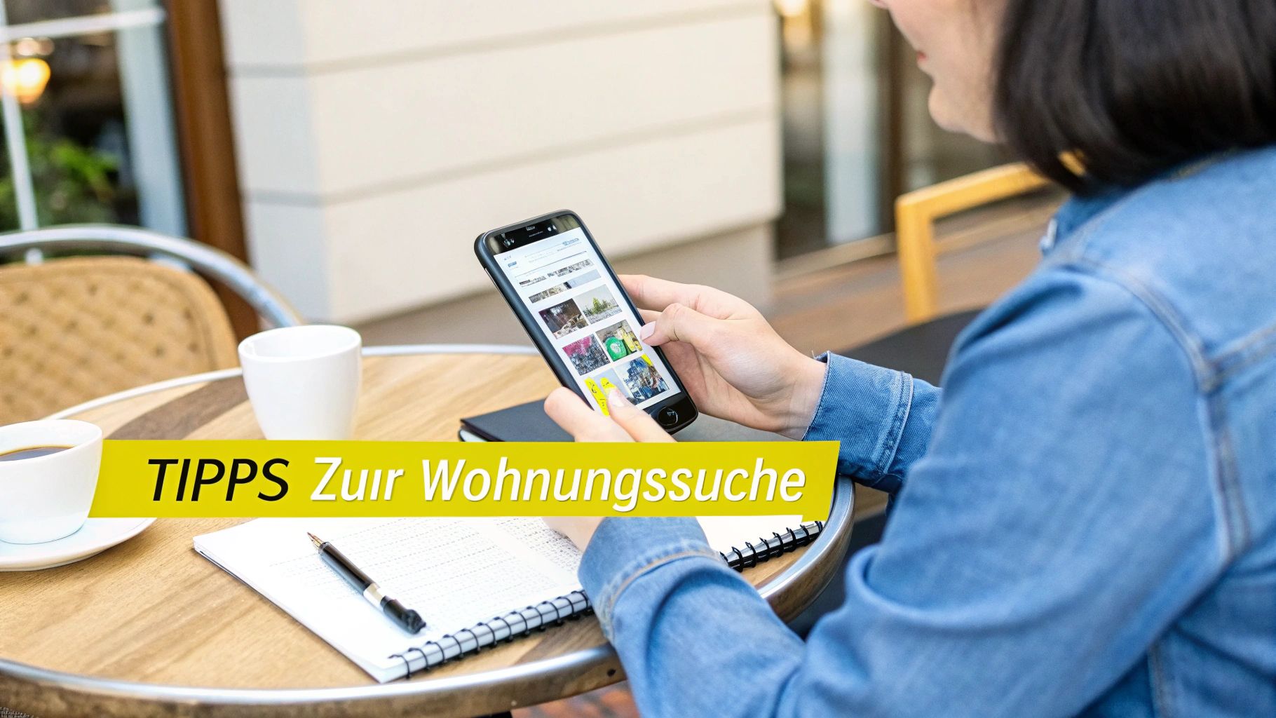 Eine Person sucht auf ihrem Smartphone nach Wohnungen, während Notizen und Kaffee auf einem Tisch liegen. Der Titel lautet: Tipps zur Wohnungssuche.