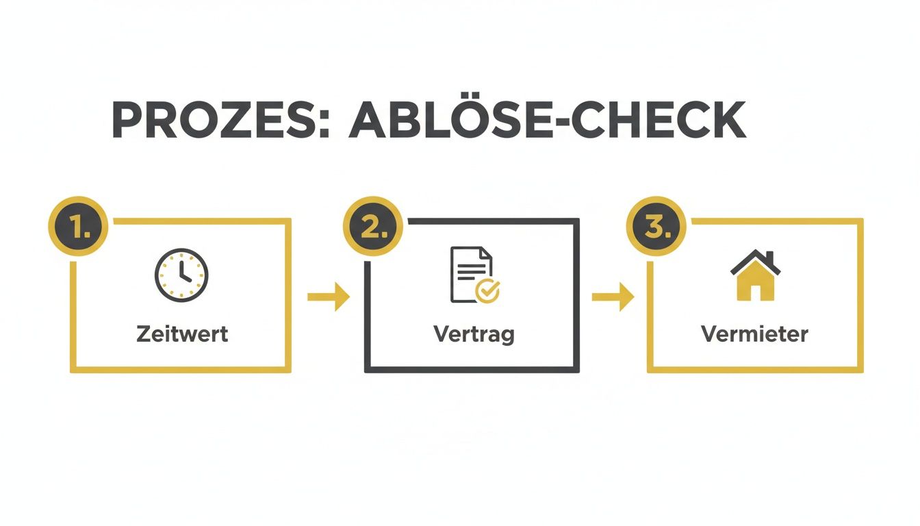 Prozessdiagramm für den Ablöse-Check mit drei Schritten: Zeitwert, Vertrag und Vermieter.