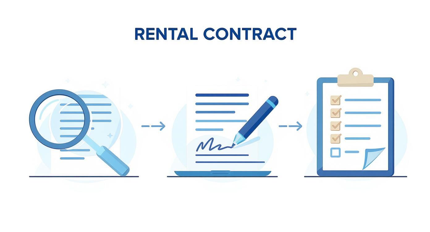 Infografik zum Prozess von der Mietvertragsprüfung über die Unterschrift bis zum Übergabeprotokoll.