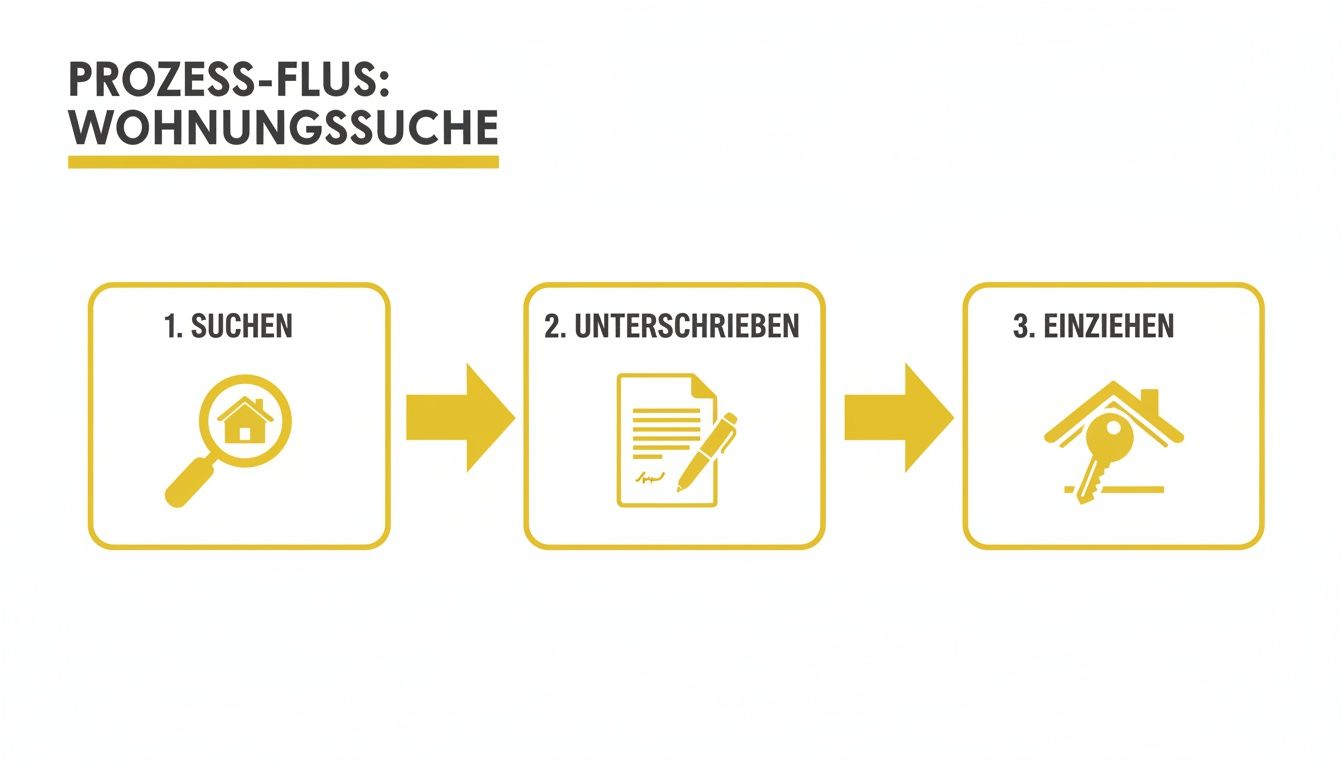 Ein Flussdiagramm zeigt den dreistufigen Prozess der Wohnungssuche: Suchen, Unterschreiben, Einziehen.
