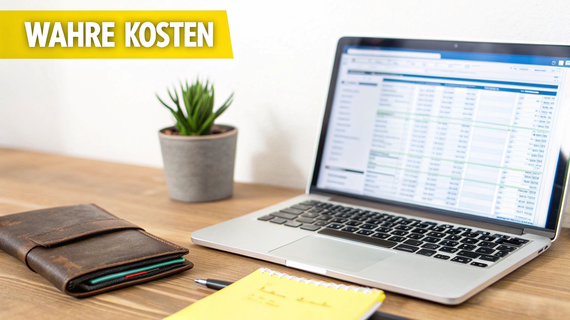 Schreibtisch mit Laptop, der Kostendaten anzeigt, einer Geldbörse und einem Notizbuch unter dem Banner 'WAHRE KOSTEN'.