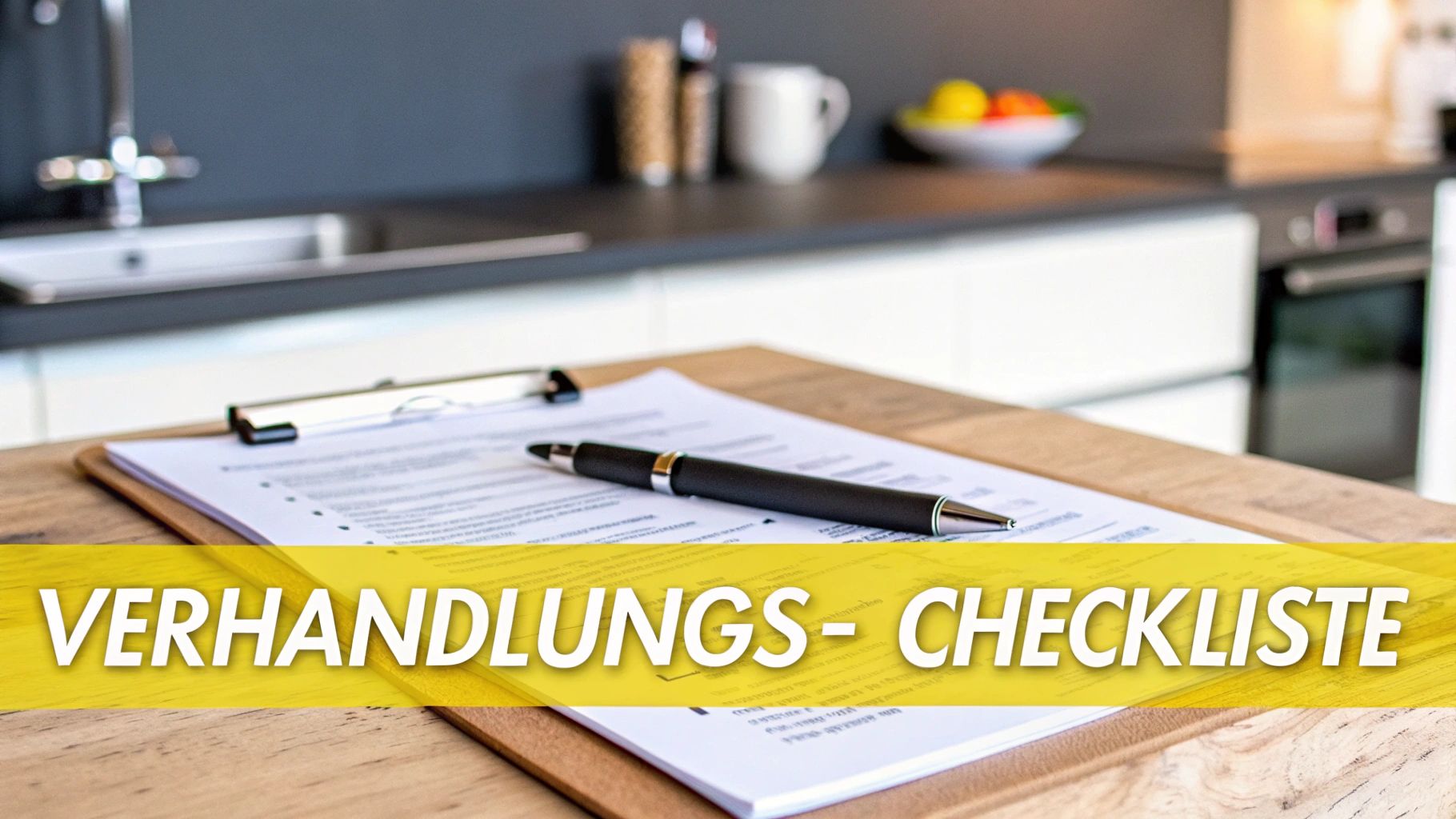 Eine Verhandlungs-Checkliste mit Stift und Klemmbrett auf einem Holztisch, Hintergrund einer modernen Küche.
