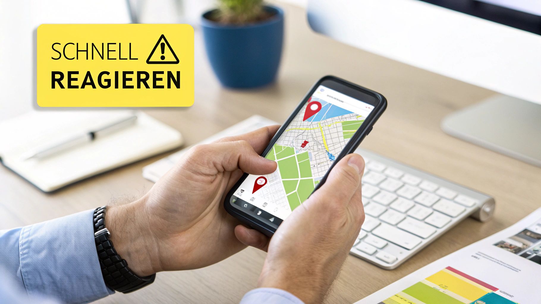 Eine Person hält ein Smartphone mit einer Karte und roten Standortnadeln, daneben ein Warnschild 'SCHNELL REAGIEREN'.