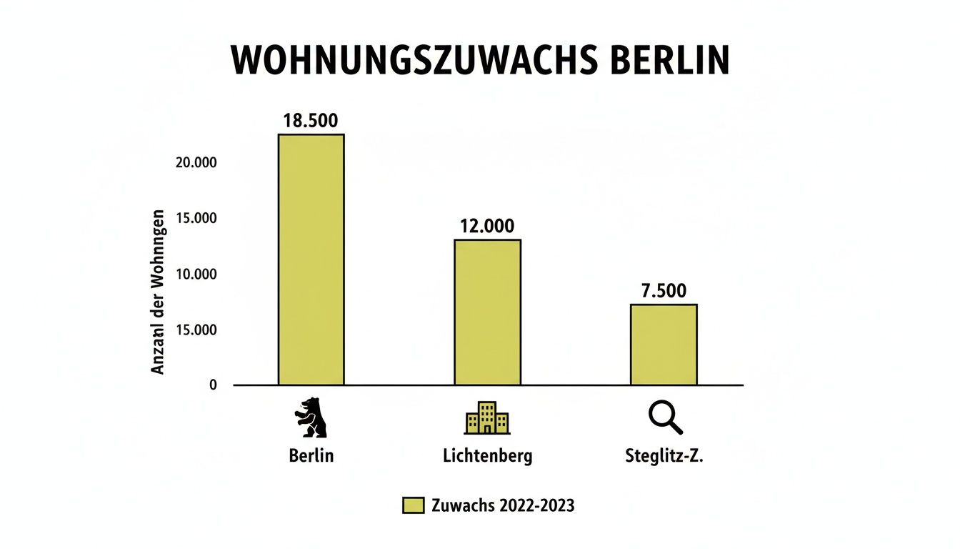 Balkendiagramm zeigt den Wohnungszuwachs in Berlin und den Bezirken Lichtenberg und Steglitz-Zehlendorf 2022-2023.