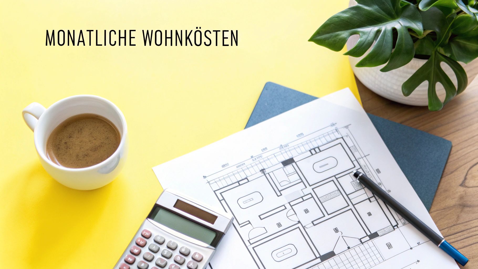 Monatliche Wohnkosten: Eine Draufsicht zeigt einen Bauplan, Taschenrechner, Kaffee und Pflanze auf Schreibtisch.