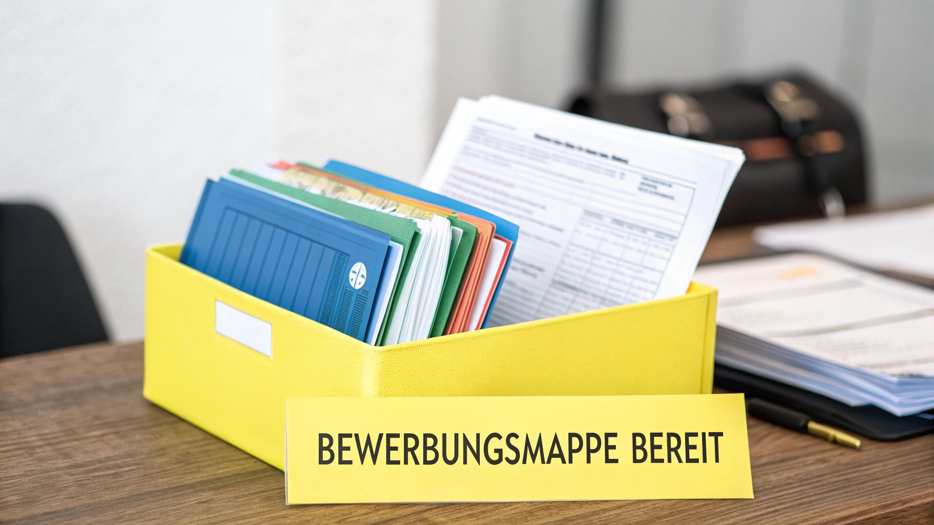 Gelbe Box mit bunten Bewerbungsmappen und Unterlagen auf einem Holztisch, bereit für die Arbeitssuche.