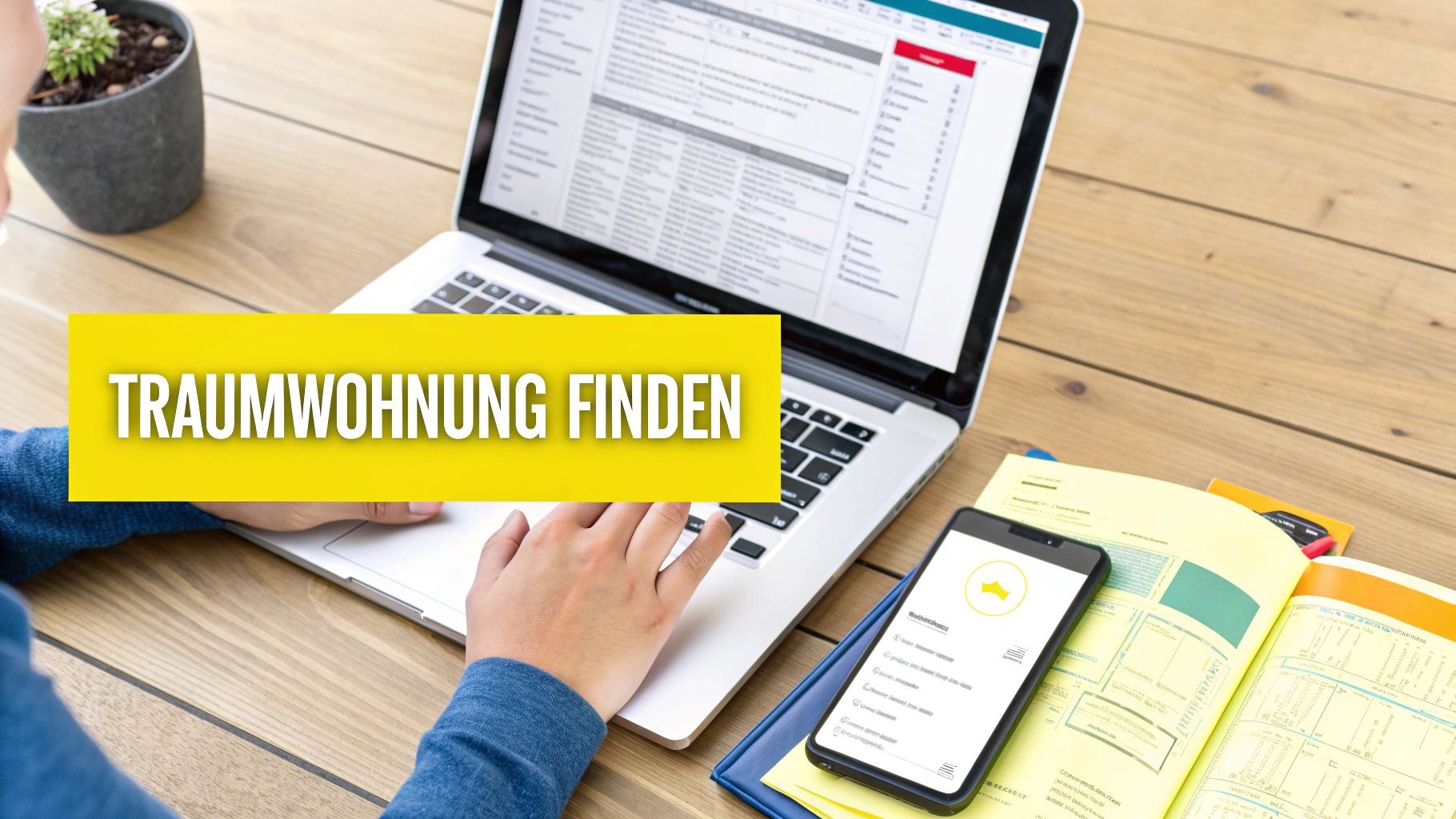 Person sucht auf einem Laptop nach einer Traumwohnung, mit Smartphone und Notizen auf einem Holztisch.