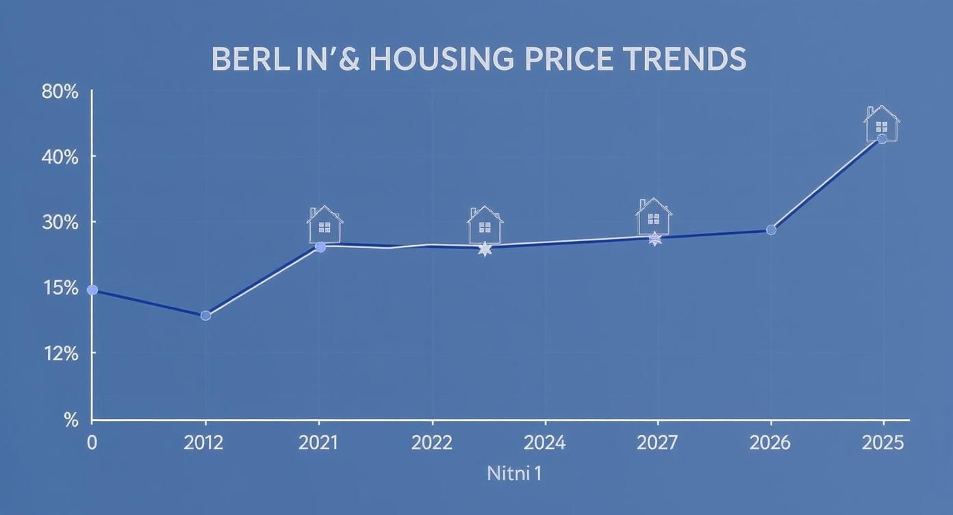 Liniendiagramm zeigt Berliner Wohnpreisentwicklung von 2012 bis 2025 mit steigendem Trend und Haussymbolen