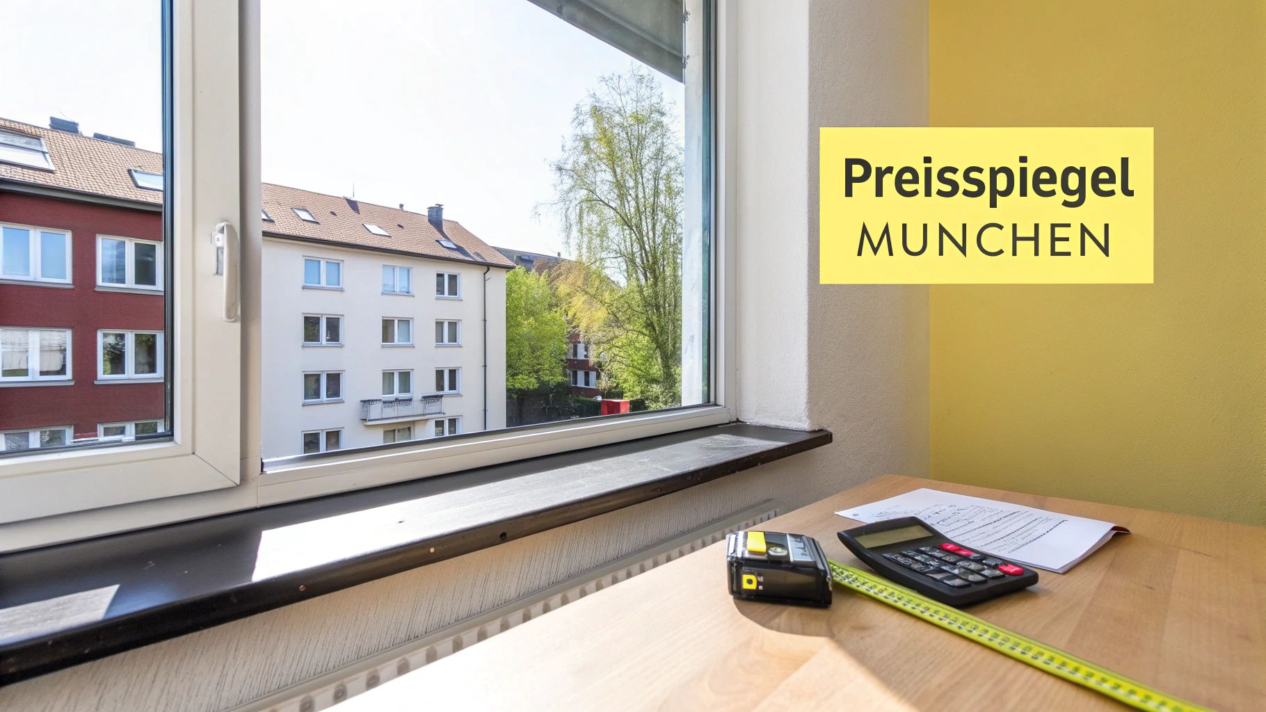 Blick aus einem Fenster auf Gebäude und Bäume, daneben ein Schreibtisch mit Taschenrechner und dem Text 'Preisspiegel MÜNCHEN'.