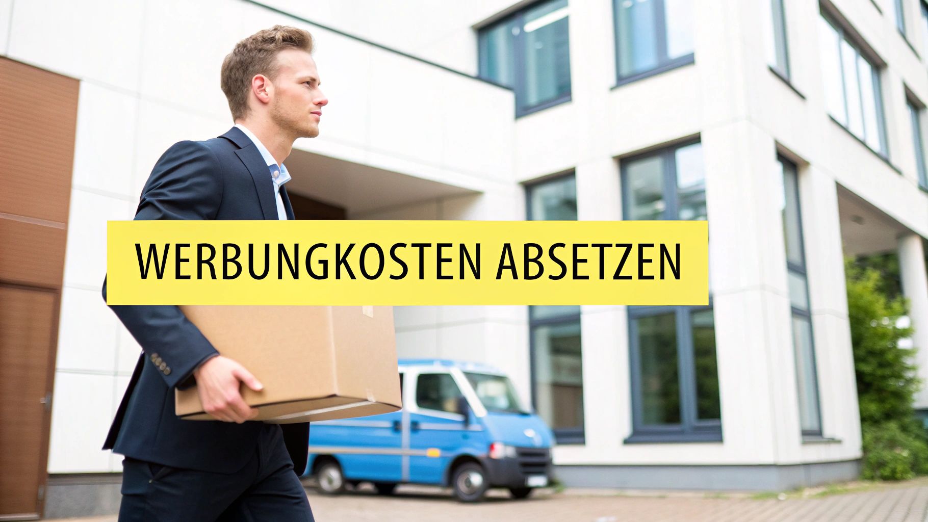 Junger Mann im Anzug trägt Paket vor Gebäude; gelbes Banner mit 'WERBUNGSKOSTEN ABSETZEN'.