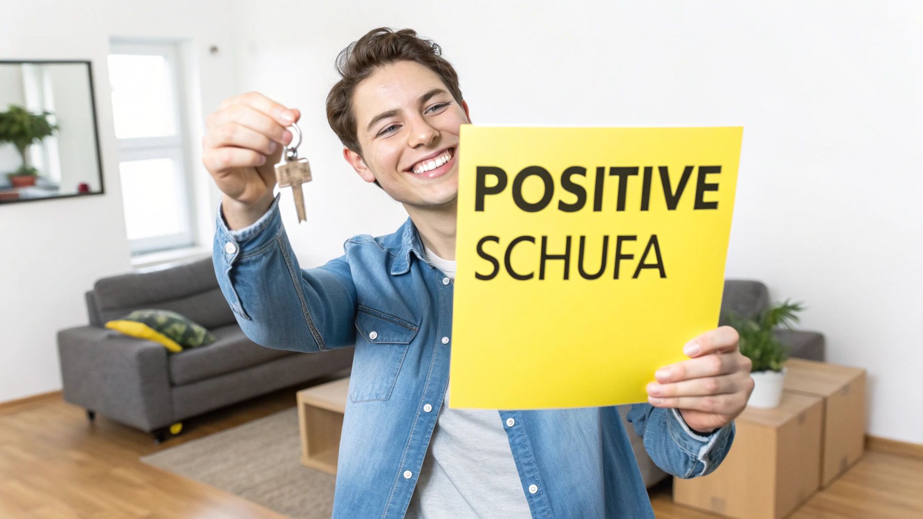 Ein lächelndes Paar hält Schlüssel in der Hand, was den Erfolg bei der Wohnungssuche symbolisiert.