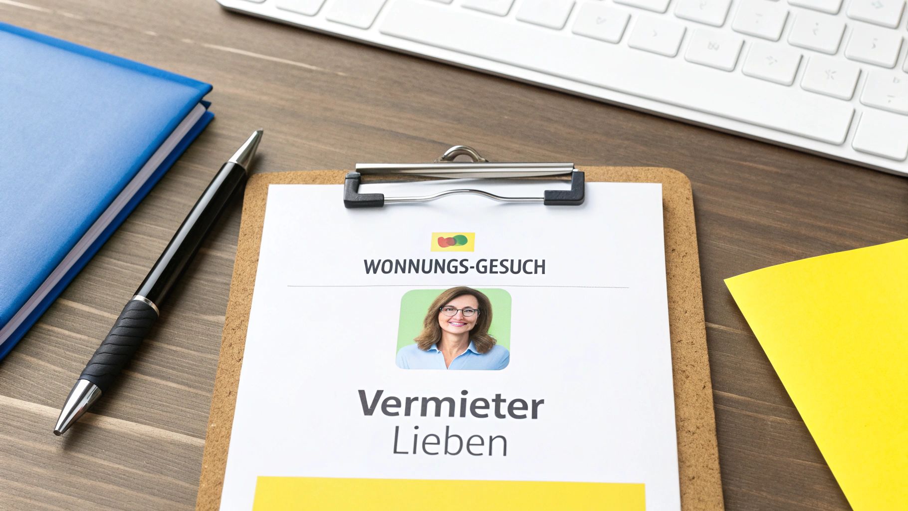 Klemmbrett mit Wohnungsgesuch-Dokument, Foto einer Frau, Stift und Notizbuch auf Holztisch.