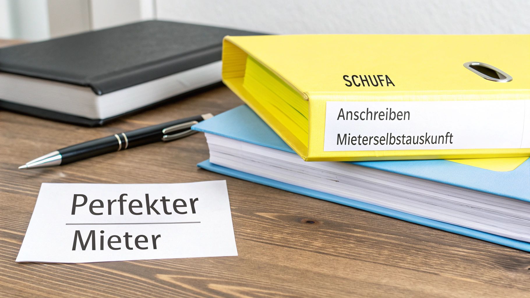 Auf einem Schreibtisch liegen Dokumente für die Mietersuche: SCHUFA, Anschreiben, Mieterselbstauskunft und ein Zettel „Perfekter Mieter“.