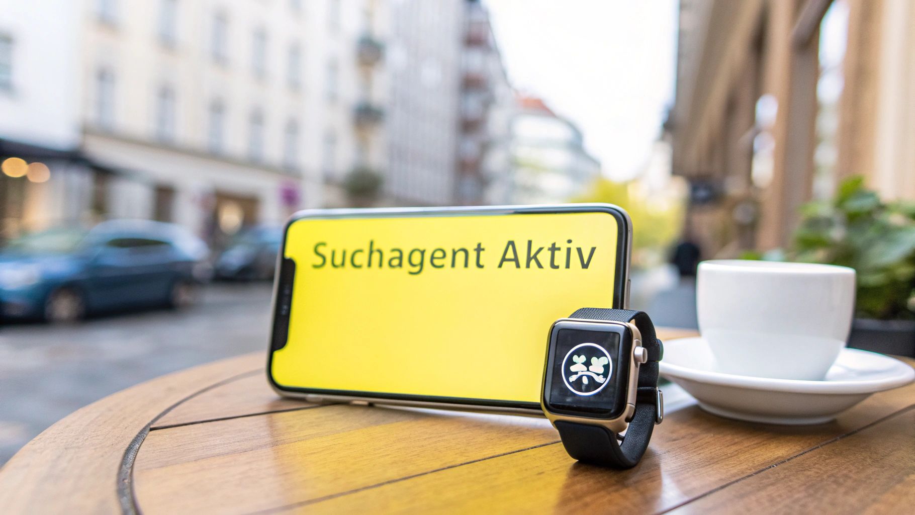 Smartphone und Apple Watch mit 'Suchagent Aktiv' auf gelbem Bildschirm auf Holztisch, im Hintergrund Stadtlandschaft.