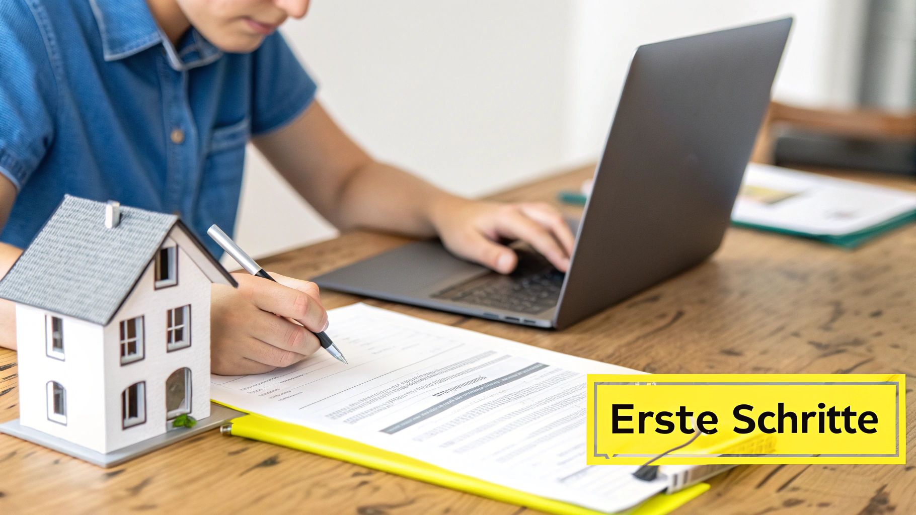 Eine Person hält einen Schlüssel und ein kleines Hausmodell in den Händen, was den Beginn einer Immobilieninvestition symbolisiert.